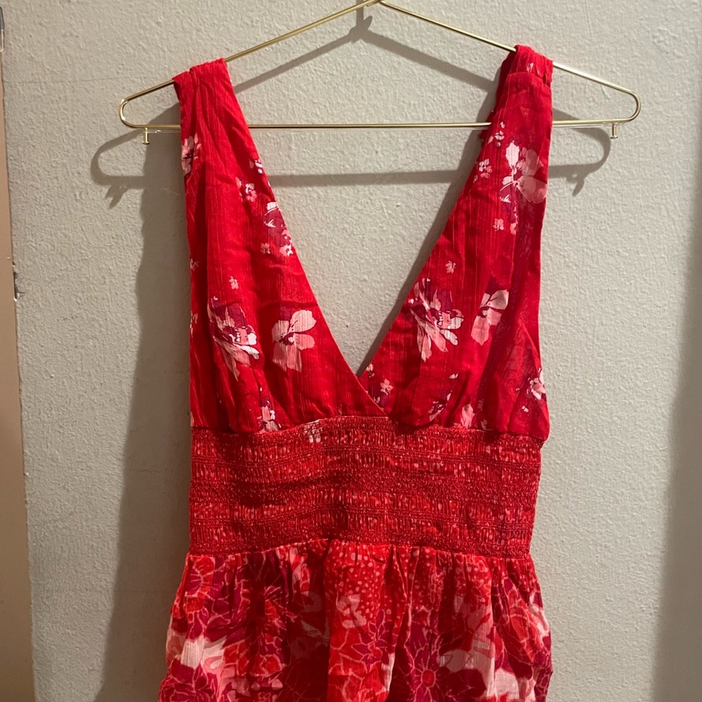 Free People Red Smocked Tie Front Blouse